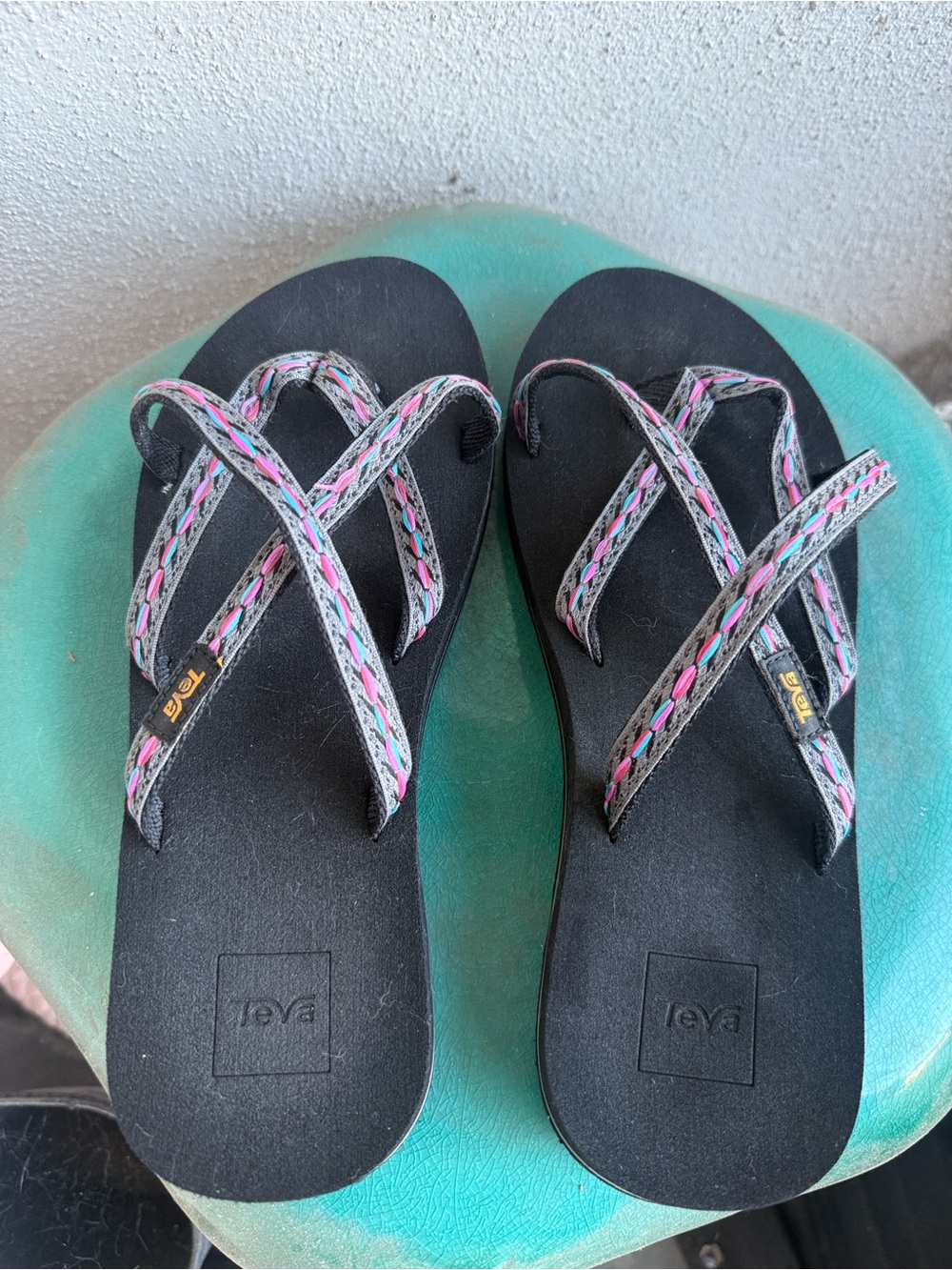 Teva Women's Black Sandals with Pink and Gray Woven Straps